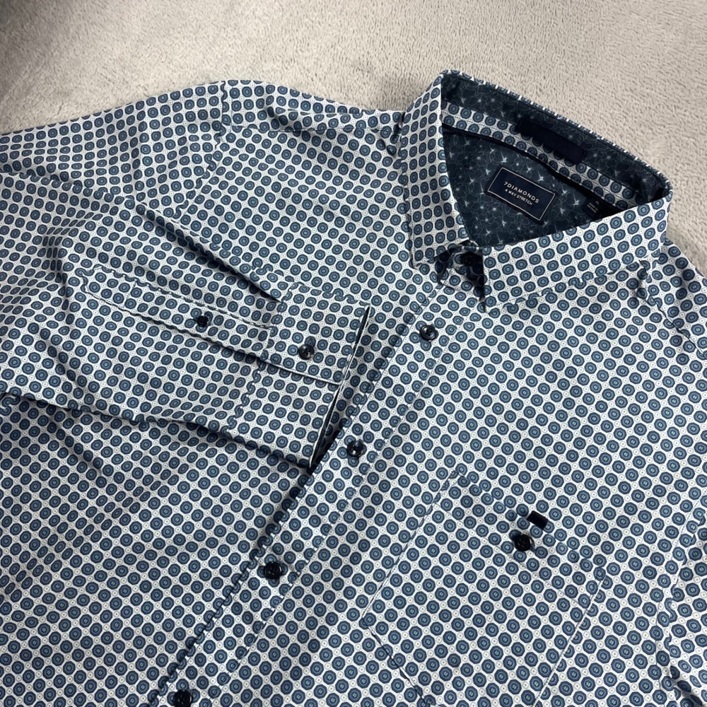7 Diamonds Liberty 4-Way Stretch Blue Geometric Button Down Shirt Mens XL